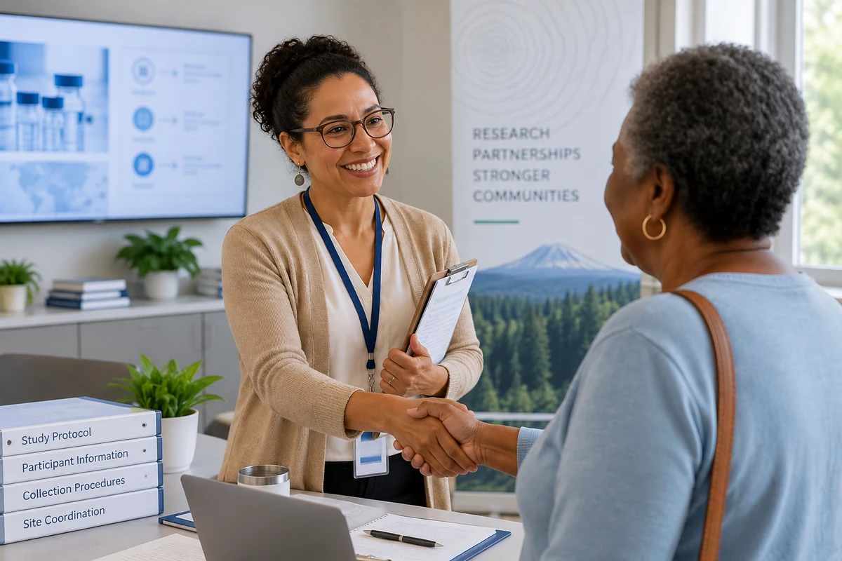 A research coordinator greeting a study participant in a light-filled community room