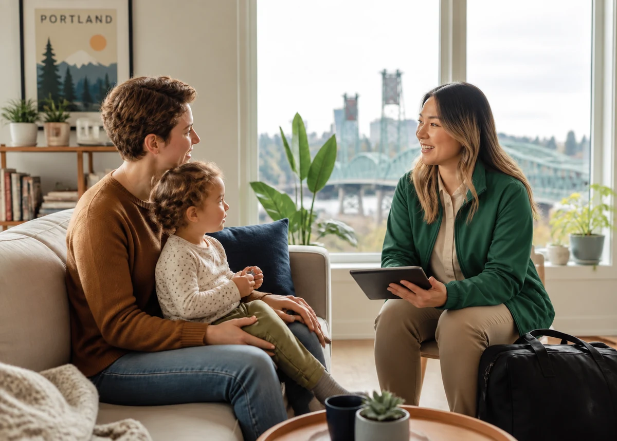 A parent and child talking with a mobile healthcare professional in a bright Portland living room