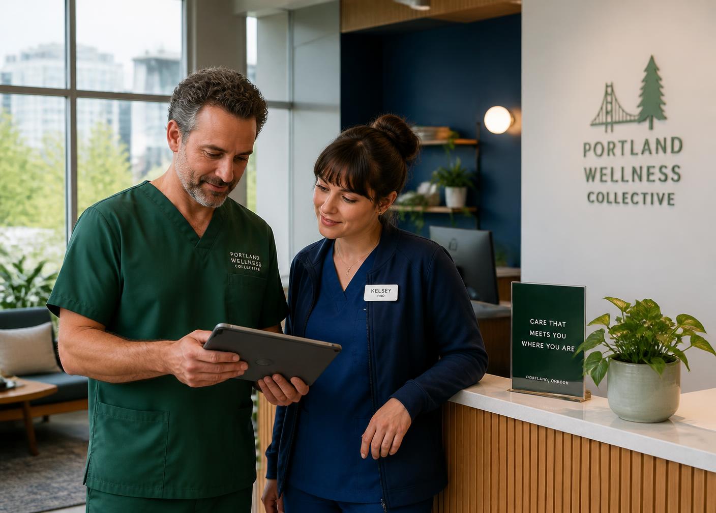Two clinicians reviewing a chart on a tablet at a Portland clinic front desk